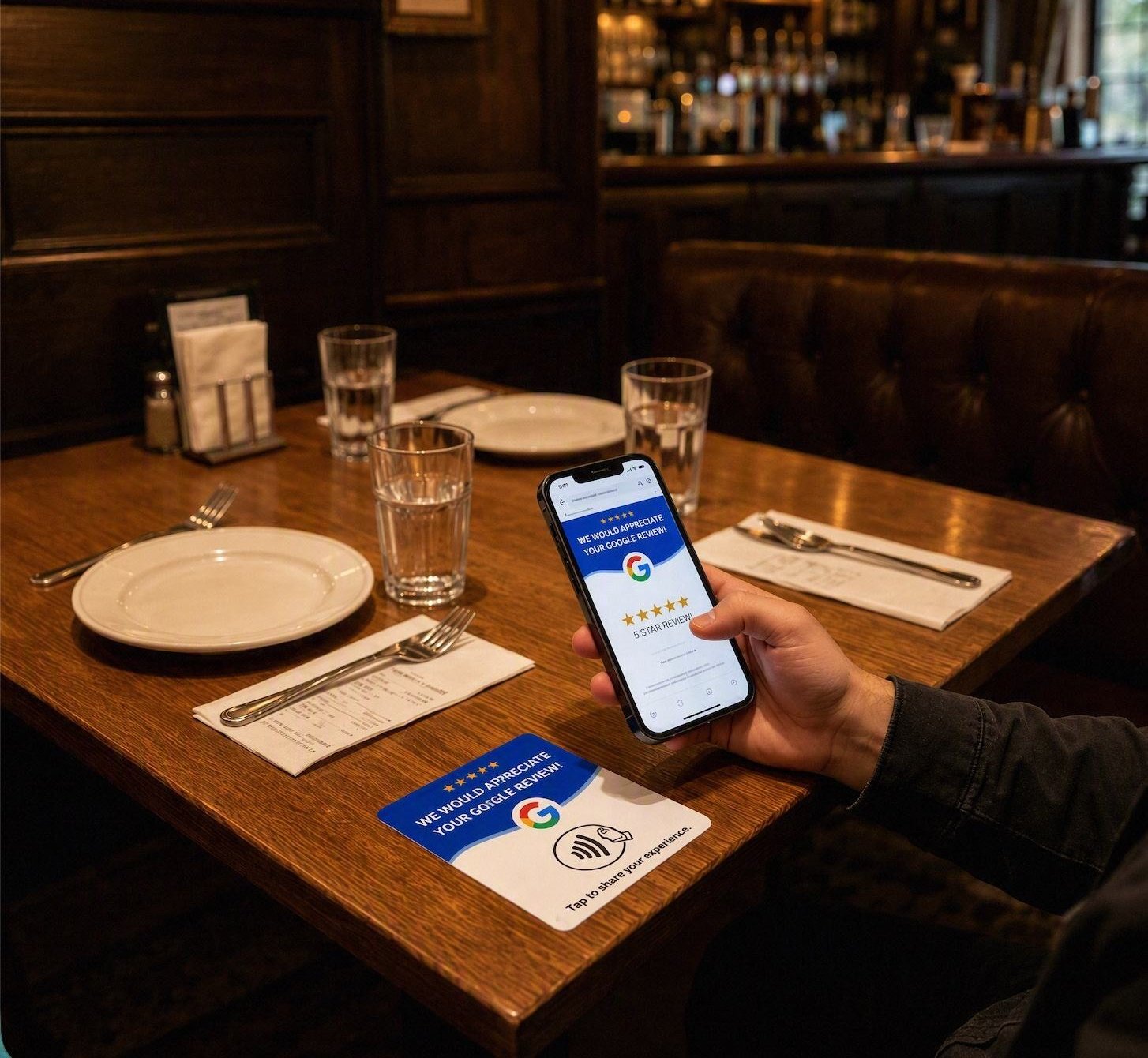 Guest tapping a phone on a NFC Store card at a restaurant table
